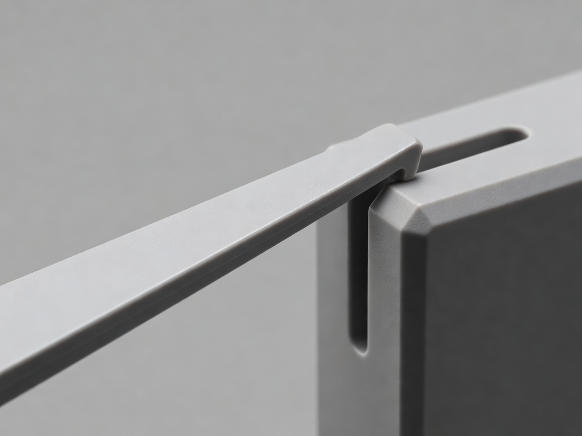 Close-up soft-lit render of a printed cantilever snap-fit clip with tapered beam and hooked lip engaging a matching recess