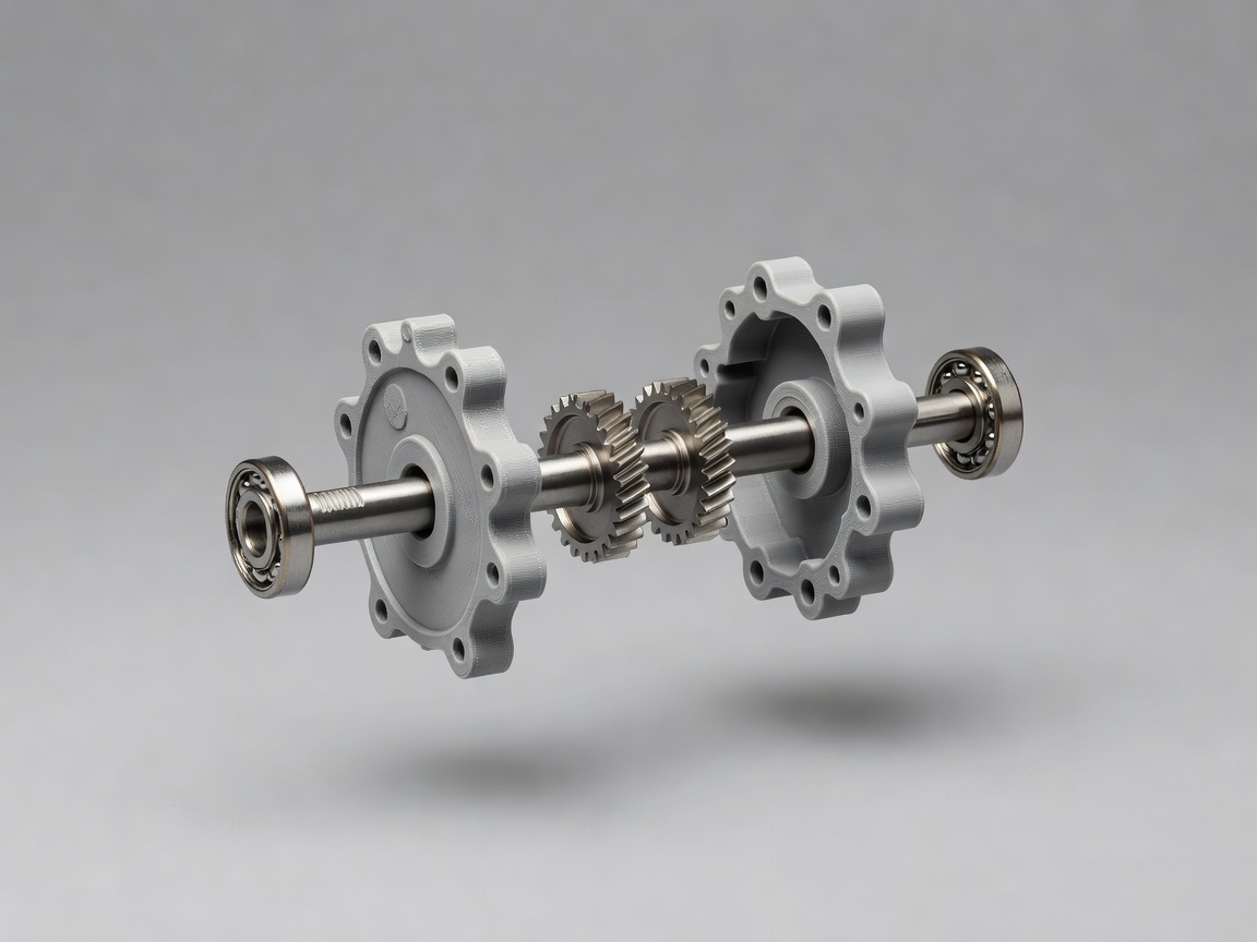 Exploded render of a small printed gearbox showing housing halves, two spur gears, steel shafts and 608 bearings along the assembly axis