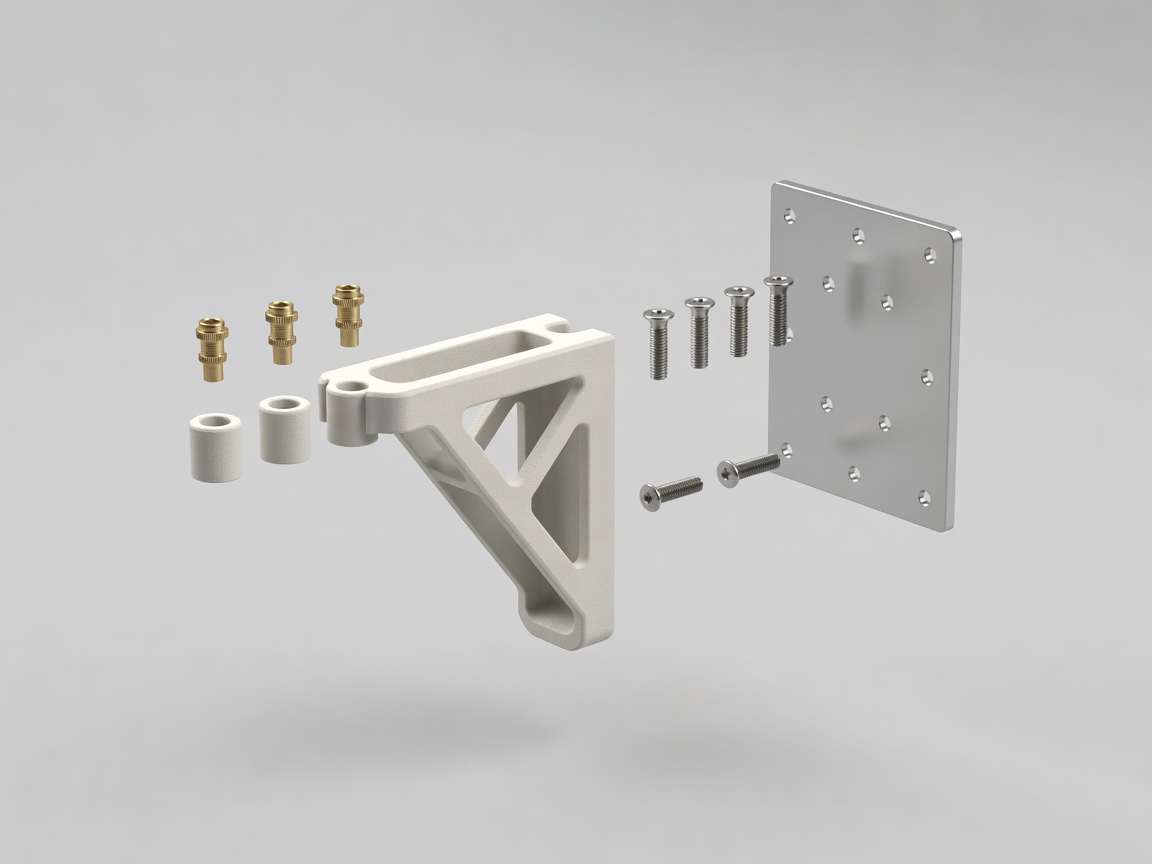 Exploded view render of a printed shelf bracket assembly showing bracket body, heat-set inserts, M4 screws and wall plate separated along their insertion axes