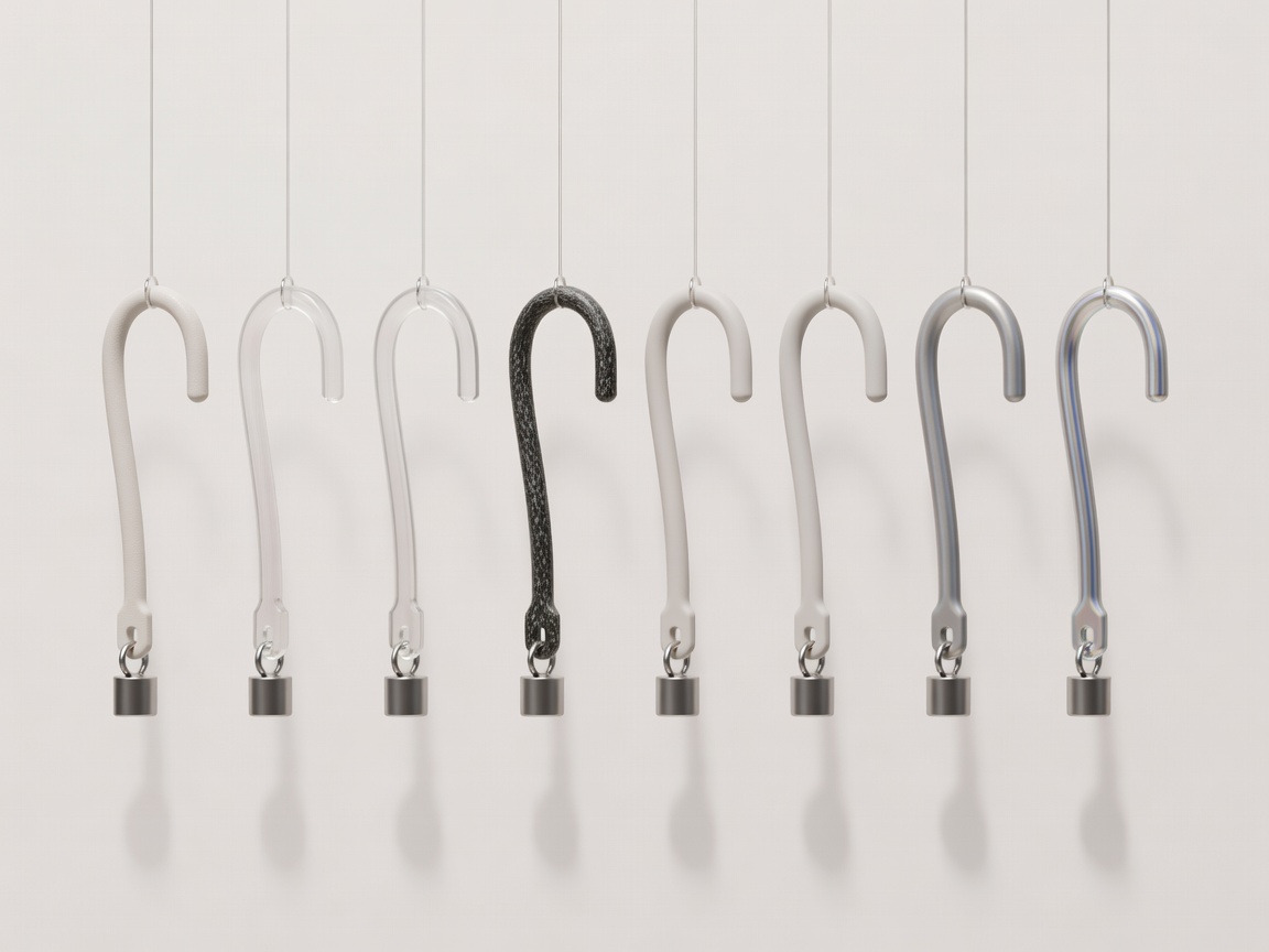 Soft-lit render of identical printed test hooks in different filaments hanging side by side with small weights, against a plain pale background