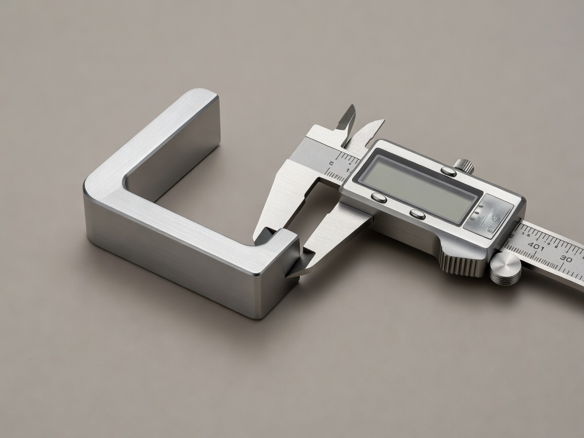 Soft-lit render of a printed L-bracket beside digital calipers showing a measurement, on a plain warm grey background