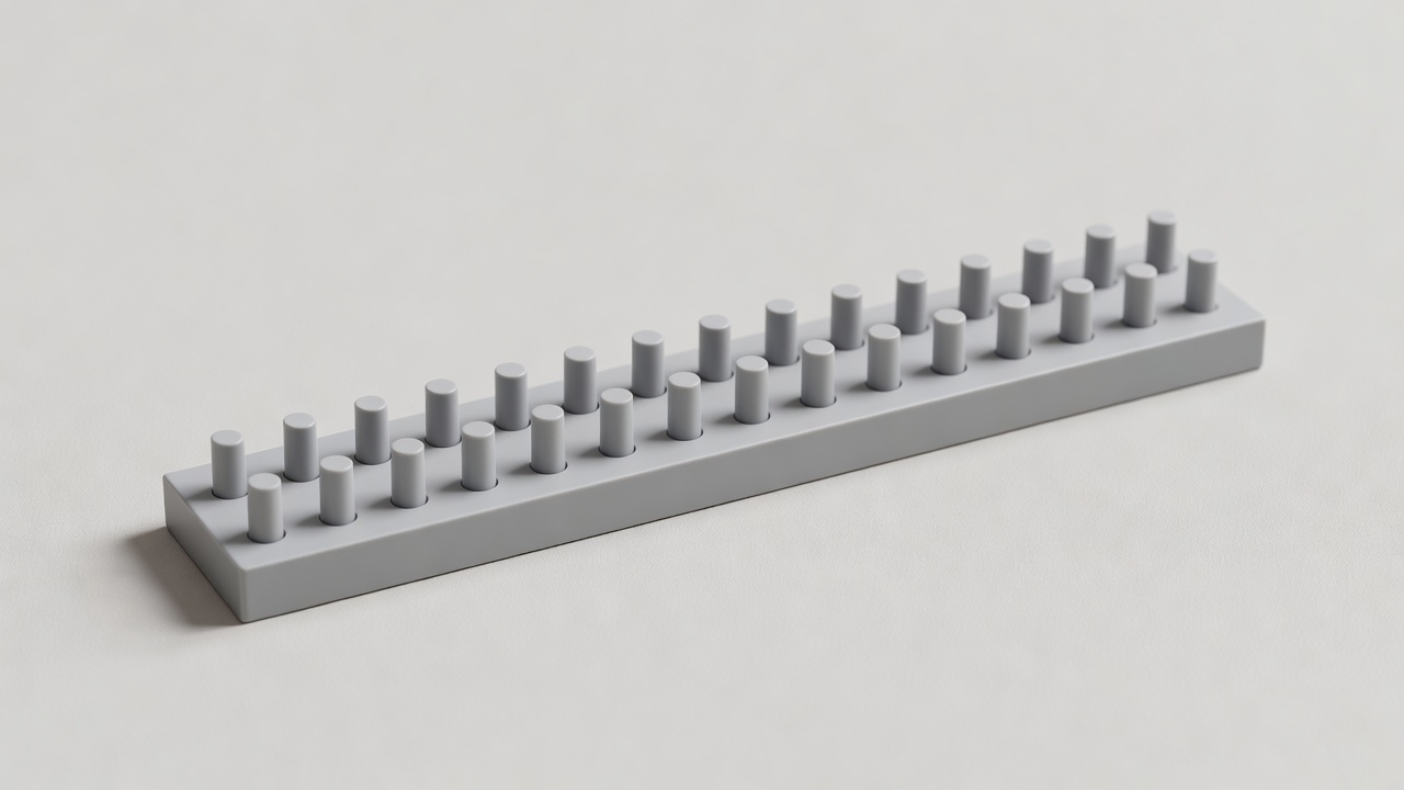 Soft-lit 3D render of a printed tolerance test coupon with a row of pegs and holes labelled from 0.10 to 0.40 millimetres clearance